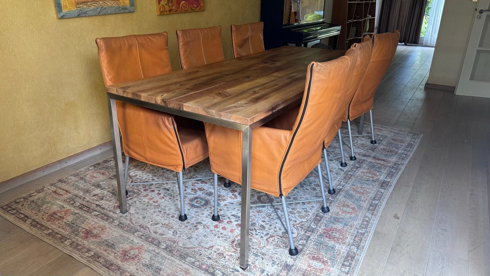 eettafel van massief hout (noten) en metaal, Ophalen, Gebruikt, 200 cm of meer, 50 tot 100 cm