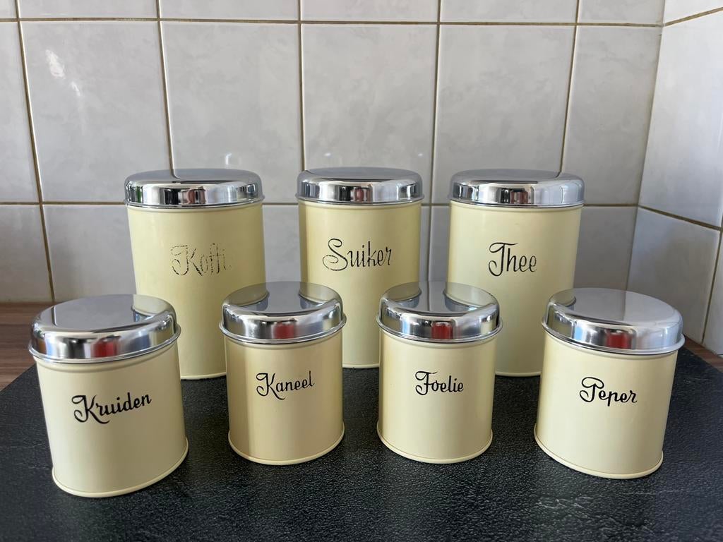 Vintage Brabantia voorraadbussen 7-delig crème retro, Overige materialen, Gebruikt, Ophalen of Verzenden, Crème