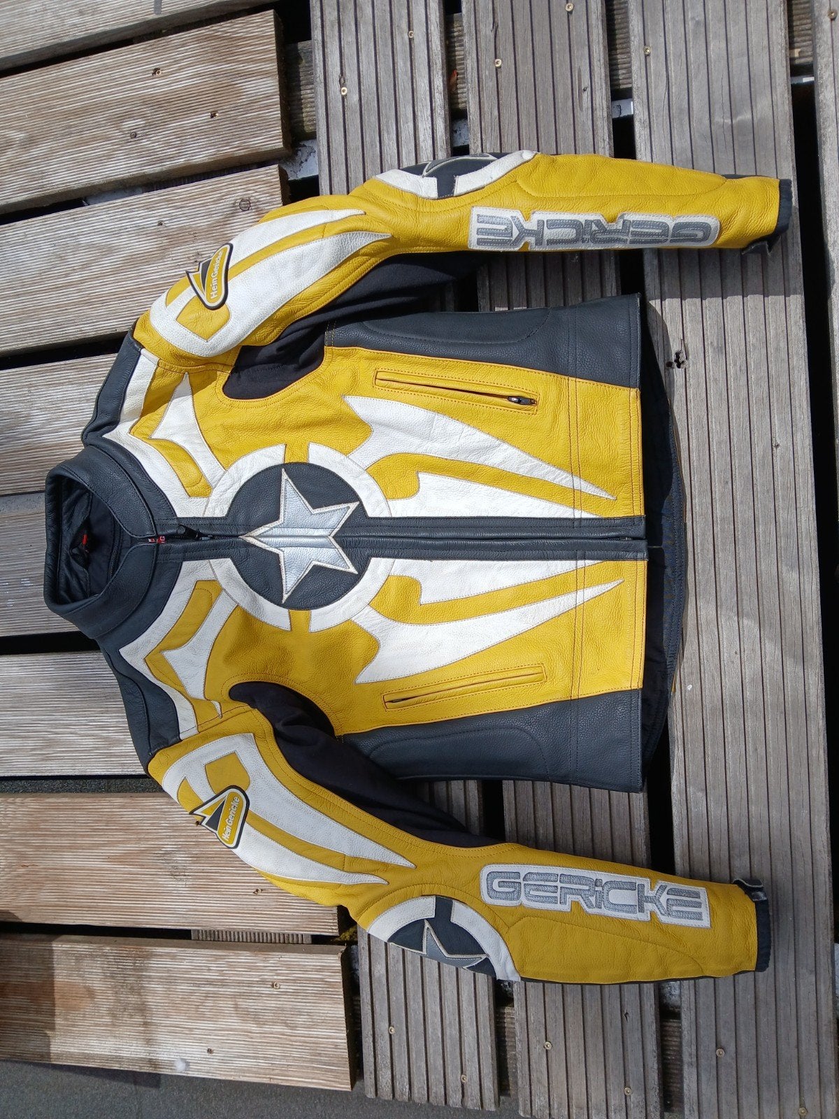 Hein Gericke Leren Motorjas retro mt50 - Geel/Zwart/Wit, Motoren, Kleding | Motorkleding, Hein Gericke, Heren, Jas | leer, Ophalen of Verzenden
