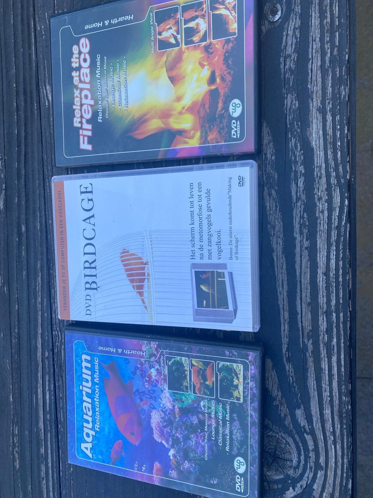 3 ontspannende muziek DVD's: Aquarium, Birdcage, Fireplace, Alle leeftijden, Ophalen of Verzenden, Muziekvideo's, Gebruikt