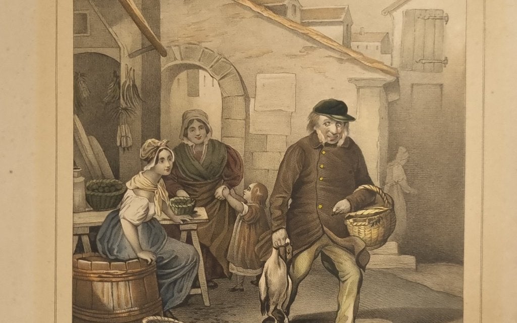 Ingekleurde litho The goodnatured husband - Jos. Scholz, Origineel, Ophalen, Portret en Figuren, Lithografie