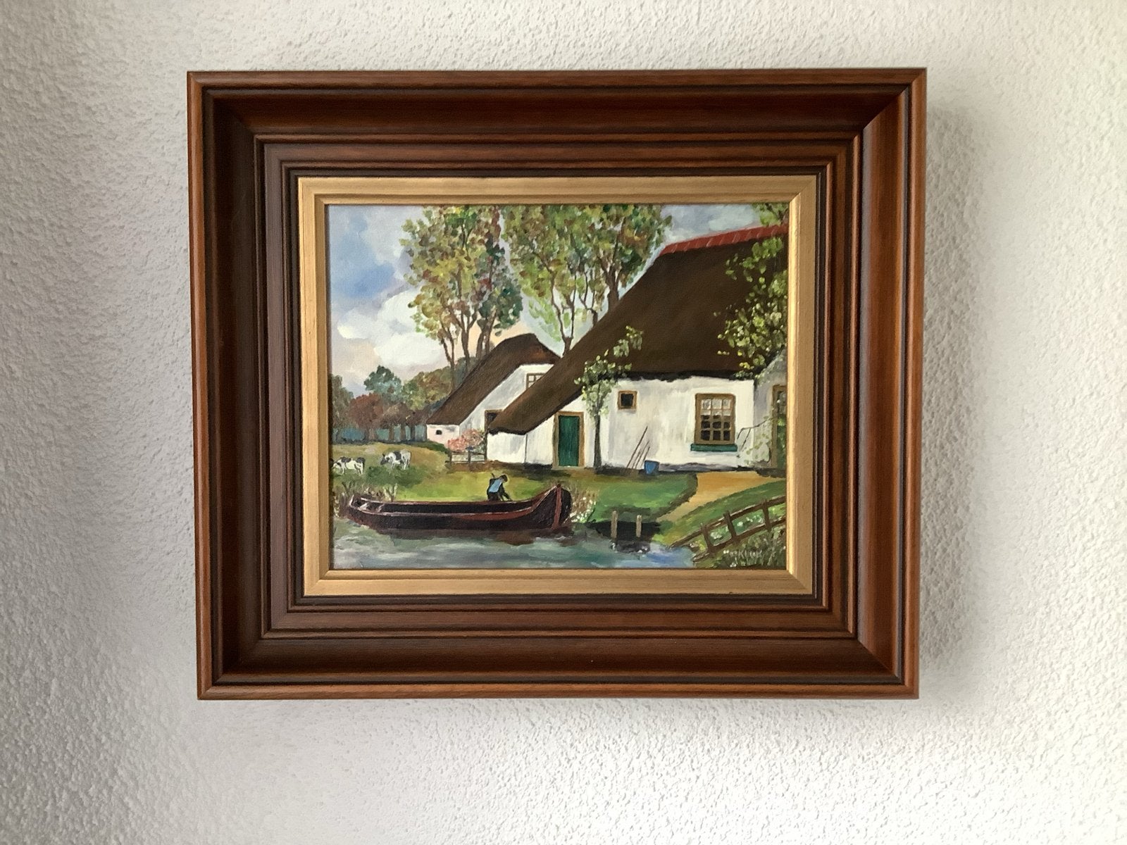 Schilderij met Hollands landschap en rietgedekte boerderij, Antiek en Kunst, Ophalen of Verzenden
