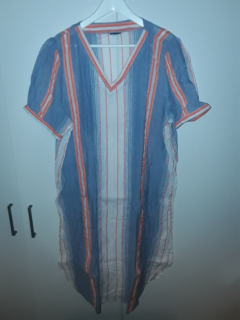 Ulla Popken Blauw/Wit/Rode Gestreepte Jurk Met V-hals Mt XL, Blauw, Maat 46/48 (XL) of groter, Ulla Popken, Ophalen of Verzenden