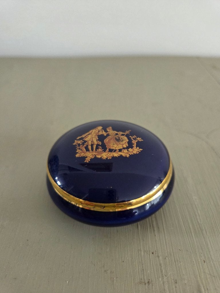 Limoges rond snuisterijendoosje met deksel kobaltblauw, Antiek en Kunst, Ophalen of Verzenden