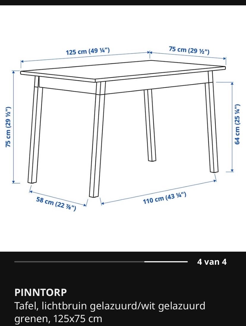 IKEA PINNTORP tafel, wit/lichtbruin grenen, 125x75 cm, Ophalen, Gebruikt, 100 tot 150 cm, 50 tot 100 cm