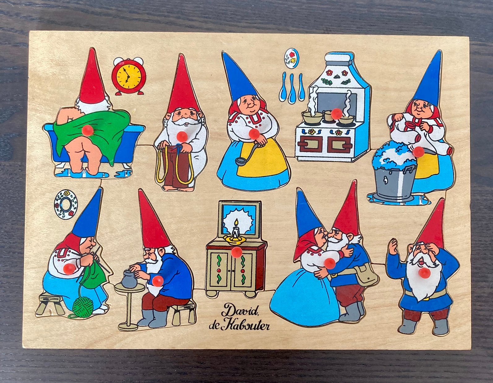 Leuke vintage houten puzzel David de Kabouter, Ophalen of Verzenden, 10 tot 50 stukjes, Gebruikt