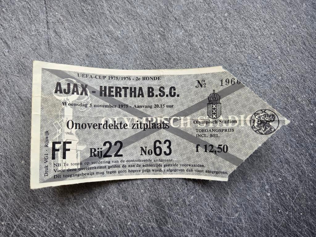 Origineel toegangsbewijs UEFA cup Ajax - Hertha B.S.C. 1975, Ophalen of Verzenden, Zo goed als nieuw, Ajax, Overige typen