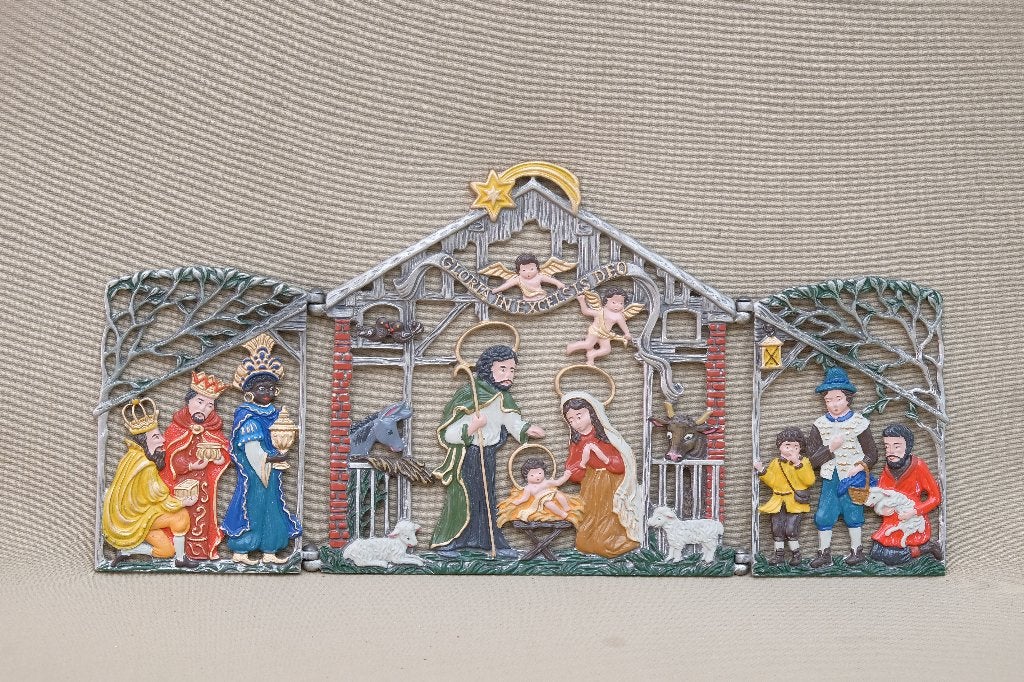 tinnen kerststal drieluik vintage  van Kühn-zinn, Ophalen of Verzenden, Gebruikt