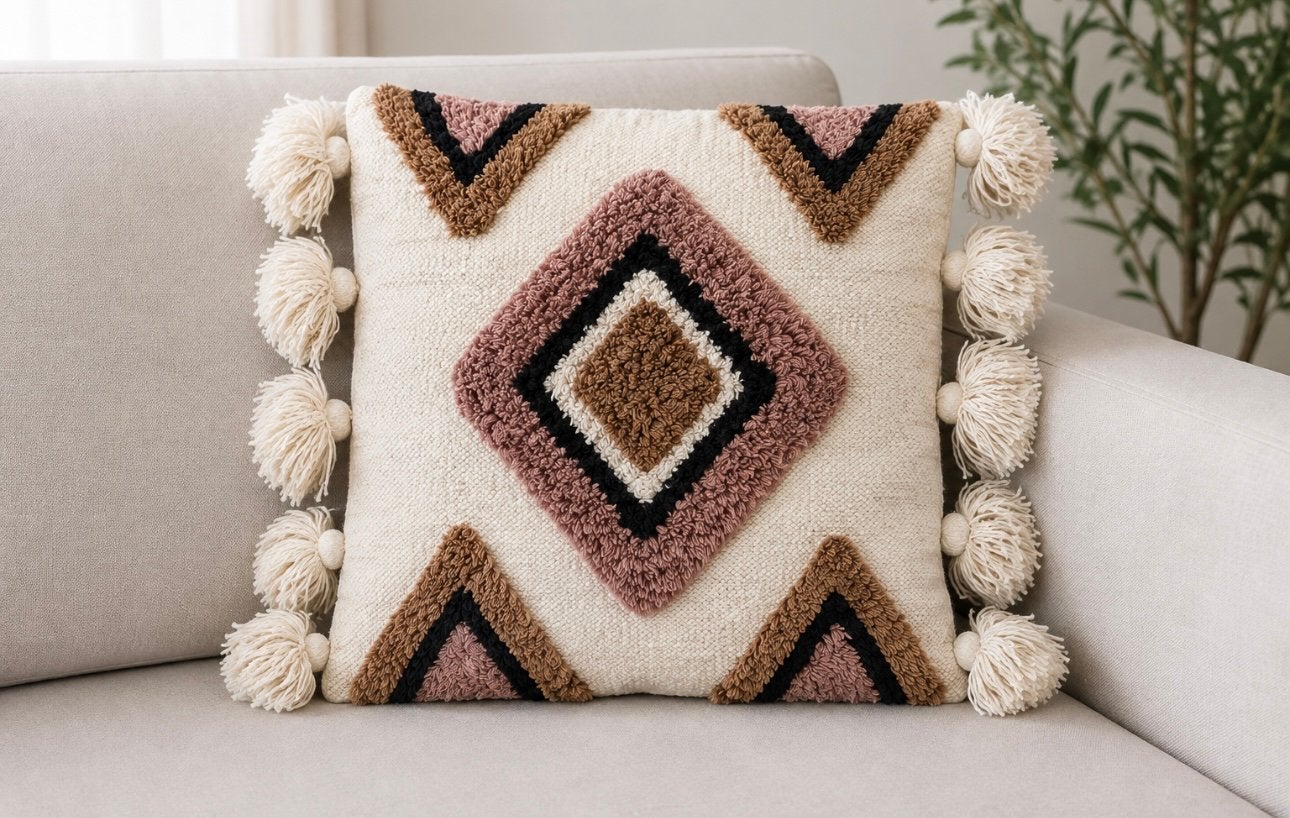 Boho sierkussen met kwastjes – crème/roze/bruin - 46 x 46 CM, Huis en Inrichting, Woonaccessoires | Kussens, Wasbaar, Overige merken