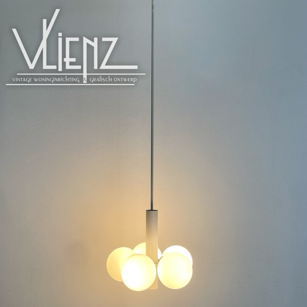 Vintage hanglamp hallamp vijf bollen melkglas bubble cluster, Huis en Inrichting, Lampen | Hanglampen, Ophalen, Gebruikt, Vintage, midcentury, retro, industrieel