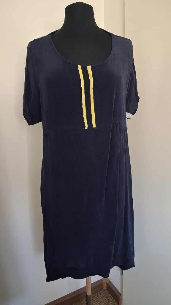 Zomerse Elvira jurk d.blauw maat 44 met witte bies, Blauw, Maat 42/44 (L), Ophalen of Verzenden, Zo goed als nieuw