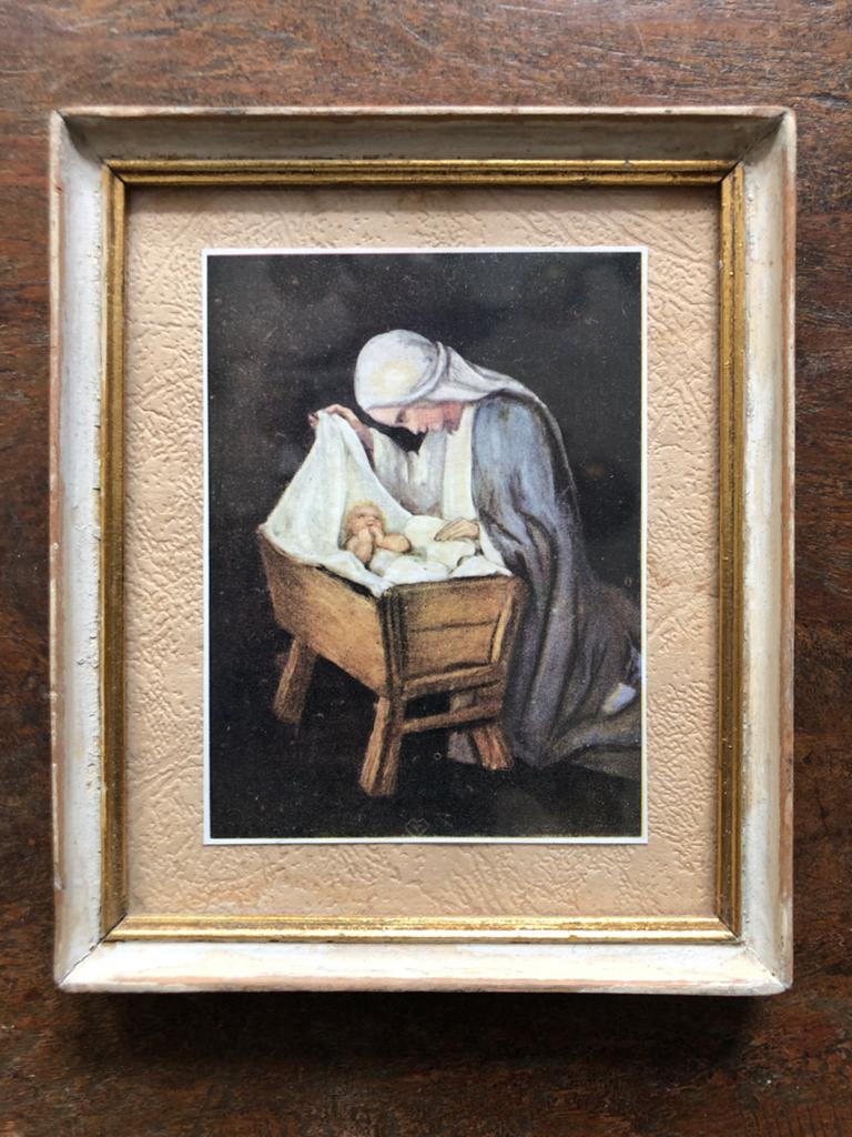 Oude religieuze prent Maria en kindje Jezus in kribbe, Antiek en Kunst, Ophalen of Verzenden