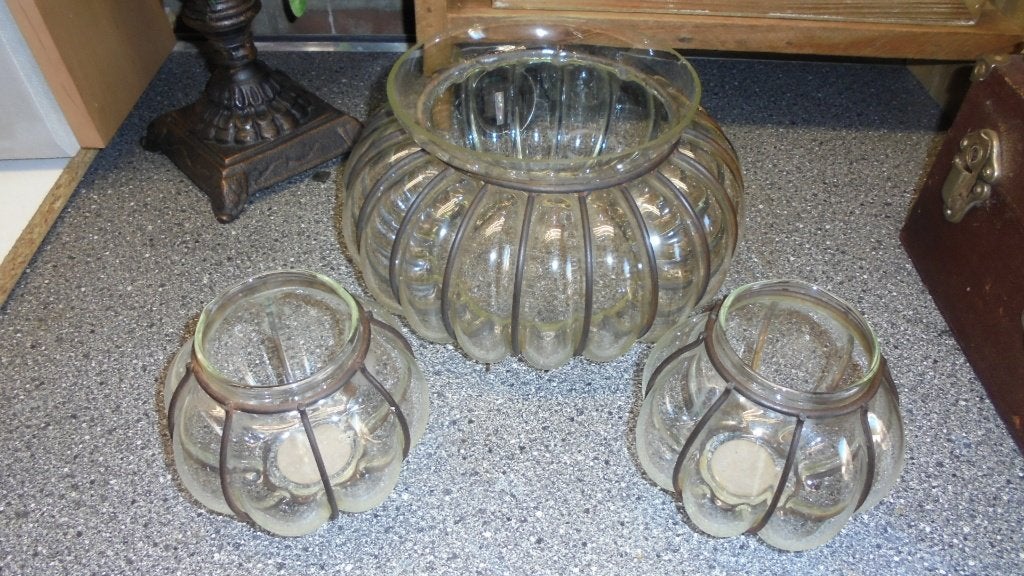 glas met metaal pompoen pot/vaas doorsnee 27H15cm, Ophalen, Overige kleuren, 15 cm, Glas