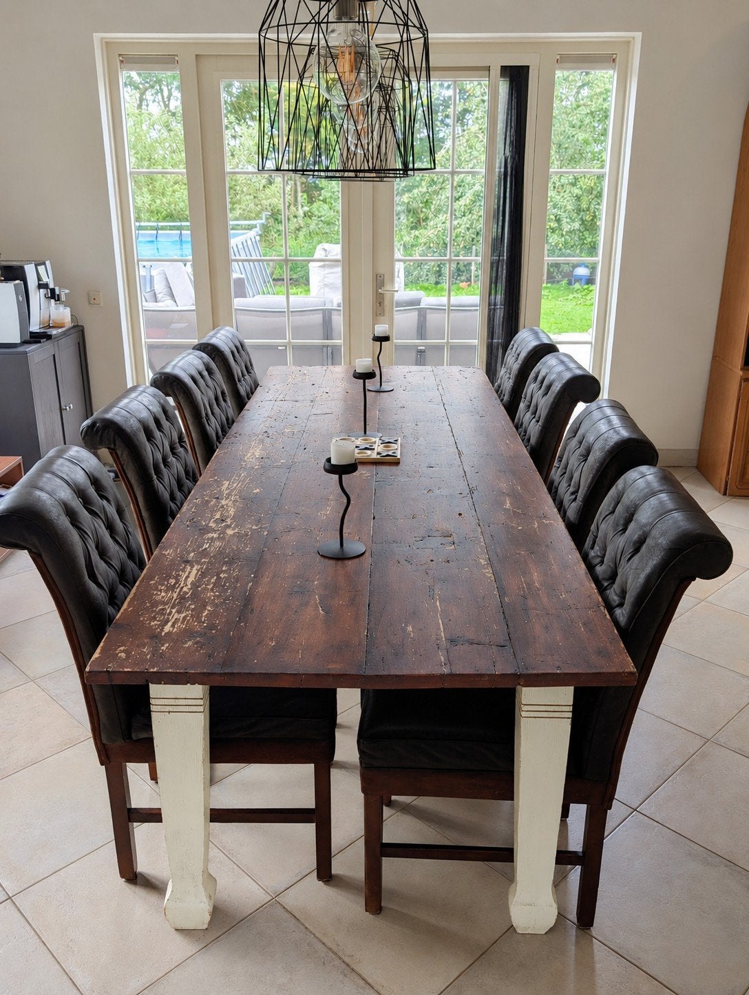 Grote landelijke eettafel 300 x 90  + 8 stoelen, 200 cm of meer, Vijf personen of meer, Rechthoekig, Gebruikt