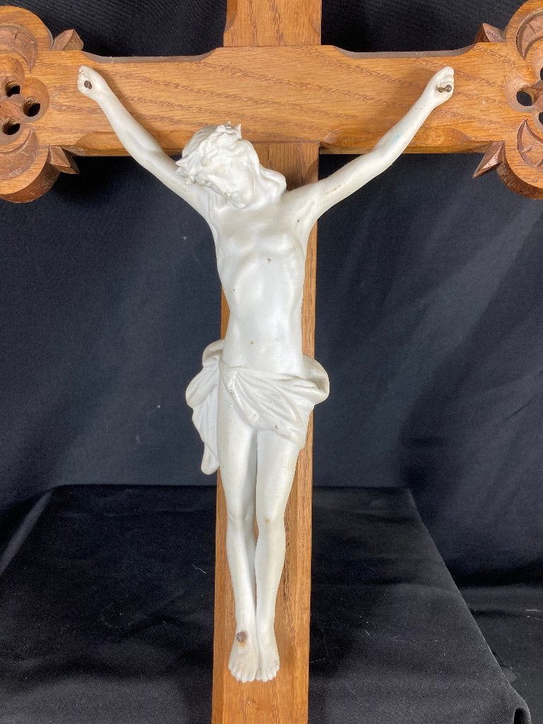 Eiken houten Crucifix met porseleinen corpus, Antiek en Kunst, Ophalen of Verzenden