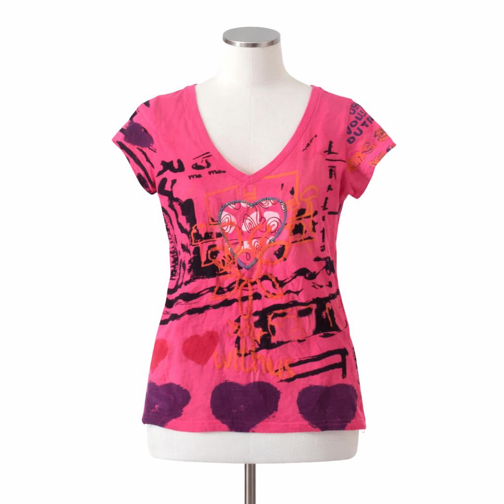 dames shirt roze/cyclaam met print/ maat S, Ophalen of Verzenden, Zo goed als nieuw, Korte mouw, Roze