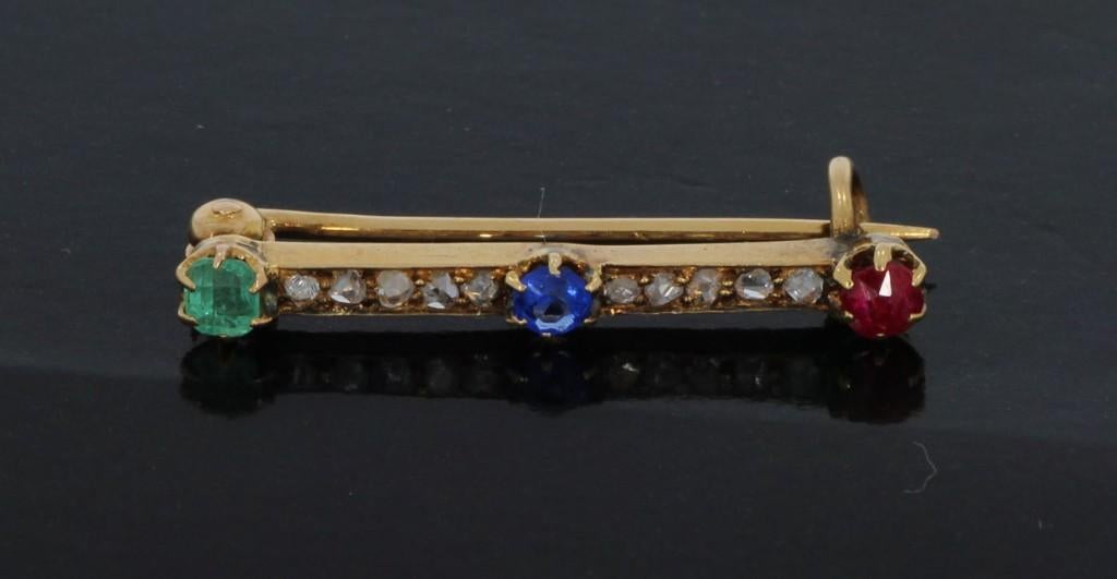 Smaragd robijn diamant saffier antieke 14k gouden broche