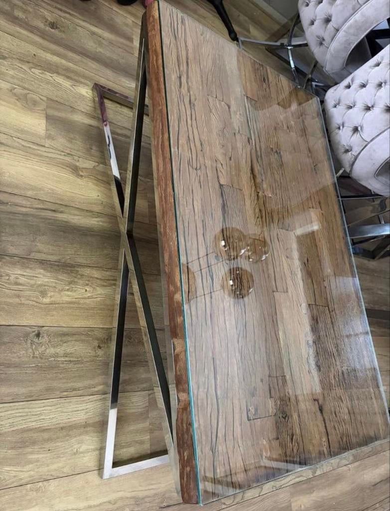 Eric Kuster stijl salontafel met glasplaat, 100 tot 150 cm, Zo goed als nieuw, Minder dan 50 cm, Rechthoekig
