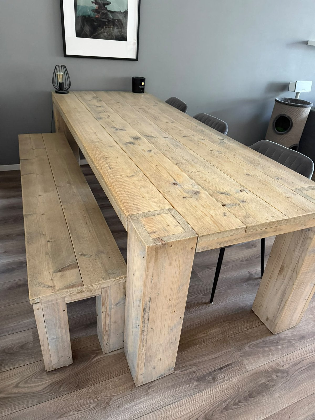 Grote steigerhouten eettafel 250 cm + bank + 3 stoelen, Ophalen, 200 cm of meer, 50 tot 100 cm, Zo goed als nieuw