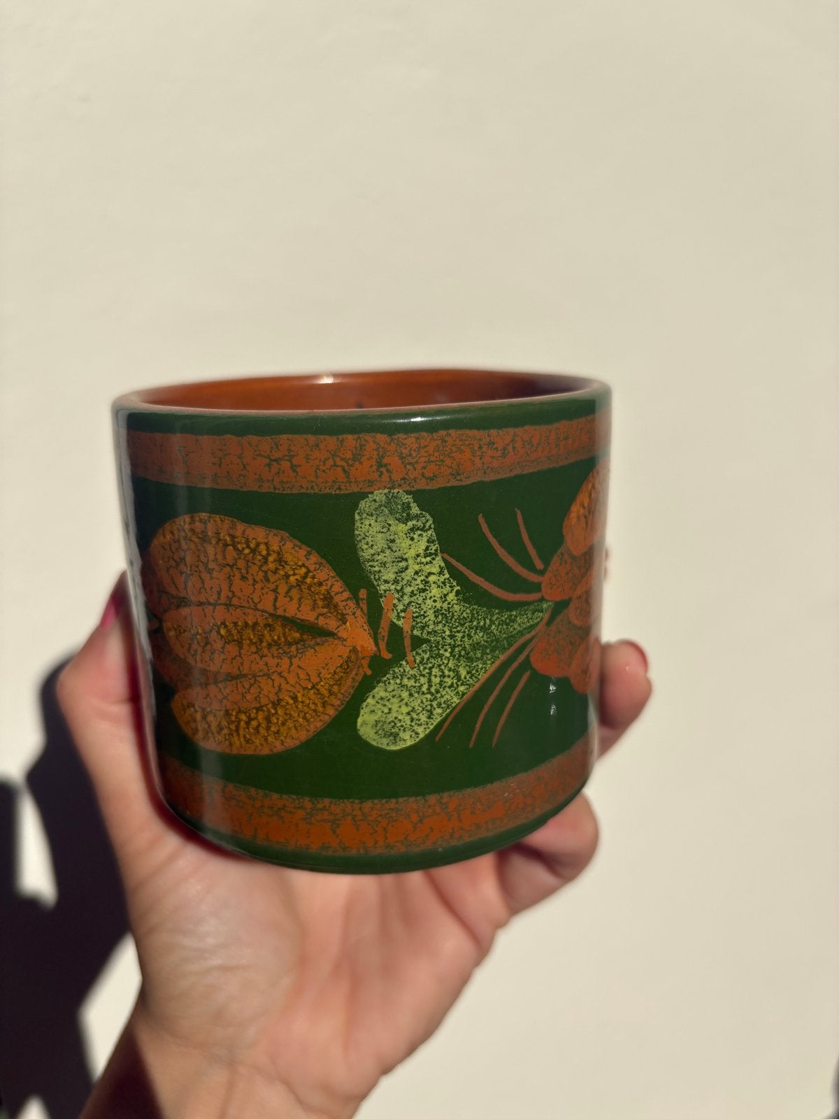 Vintage bloempot groen oranje - retro bloemen jaren 60/70, Tuin en Terras, Gebruikt, Rond, Binnen, Ophalen of Verzenden