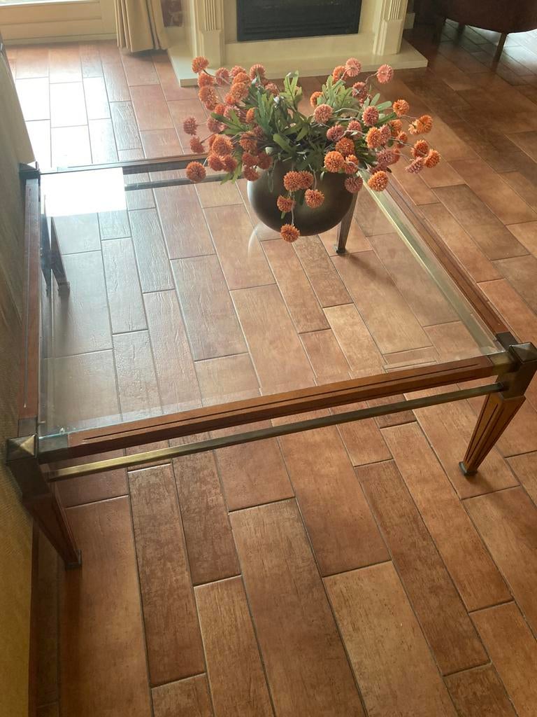 Salontafel messing, goud, glas, brons, kersenhout, Ophalen, Gebruikt, Klassiek, Vierkant