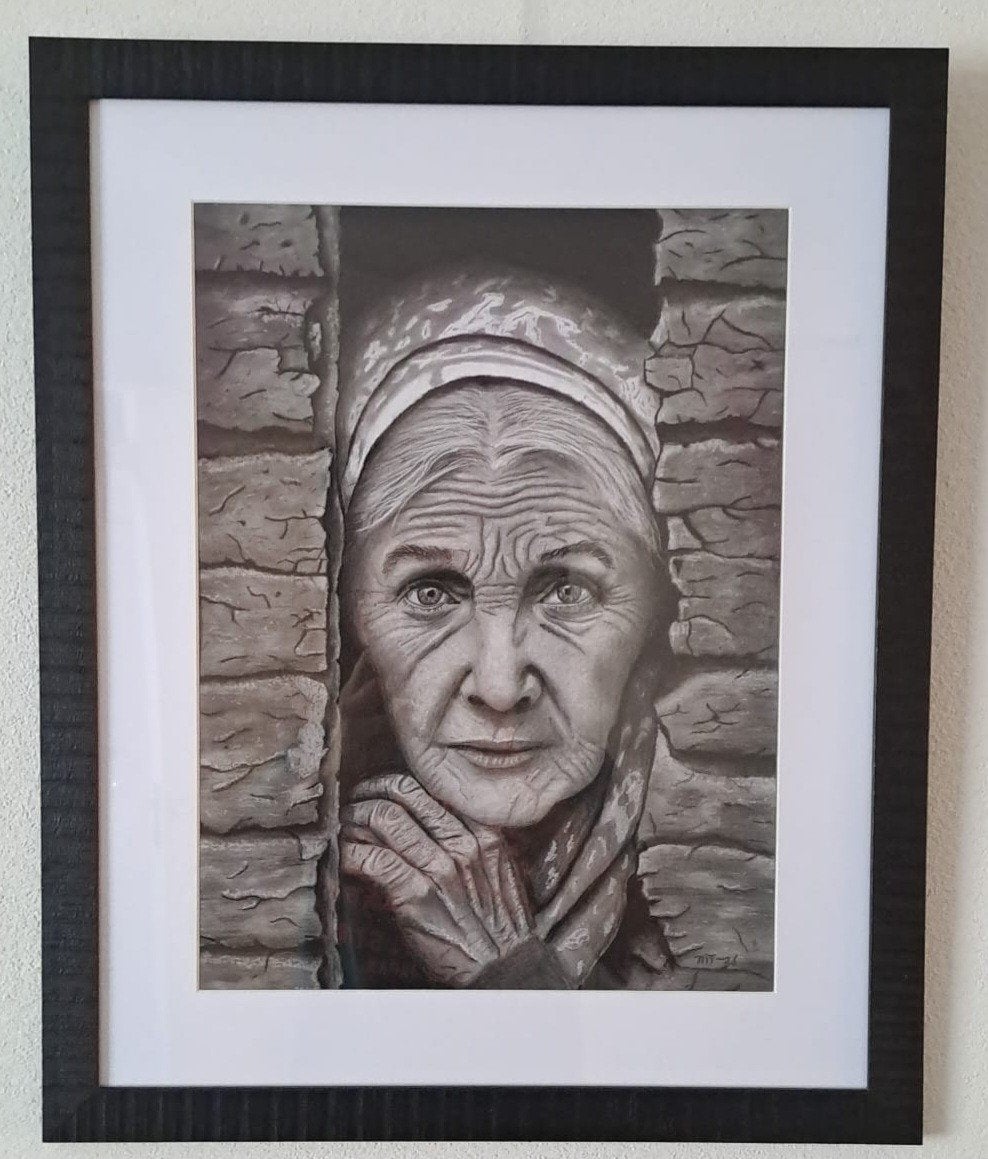 Indrukwekkend portret van oude vrouw., Antiek en Kunst, Kunst | Tekeningen en Foto's, Ophalen of Verzenden, Tekening, Potloodtekening