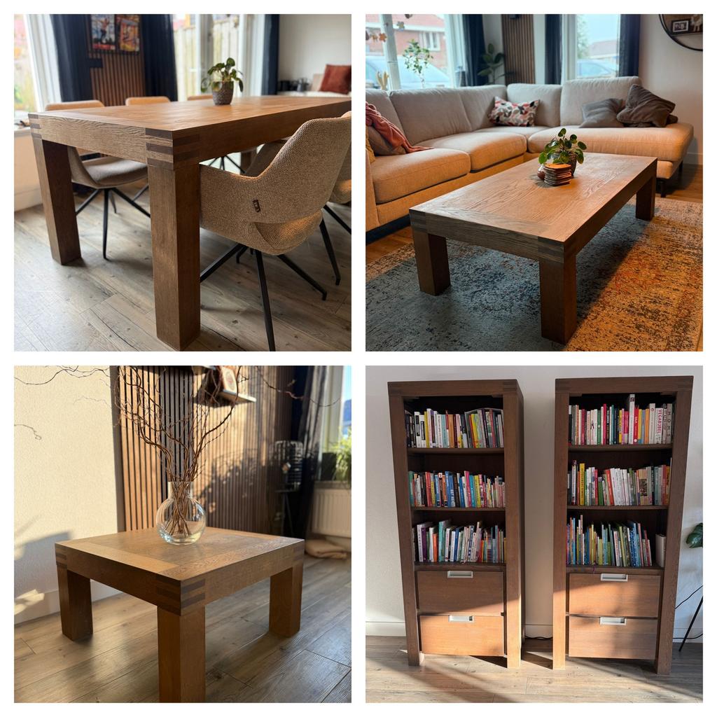 COMPLETE SET:  2 boekenkasten, eettafel, 2 salontafels., Huis en Inrichting, Kasten | Boekenkasten, Ophalen, Gebruikt, 50 tot 100 cm