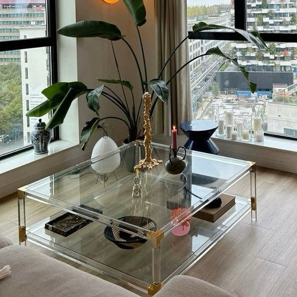 MOET WEG! Salontafel / bijzettafel / glas + kunststof, Huis en Inrichting, Ophalen, Design, Vierkant, Zo goed als nieuw