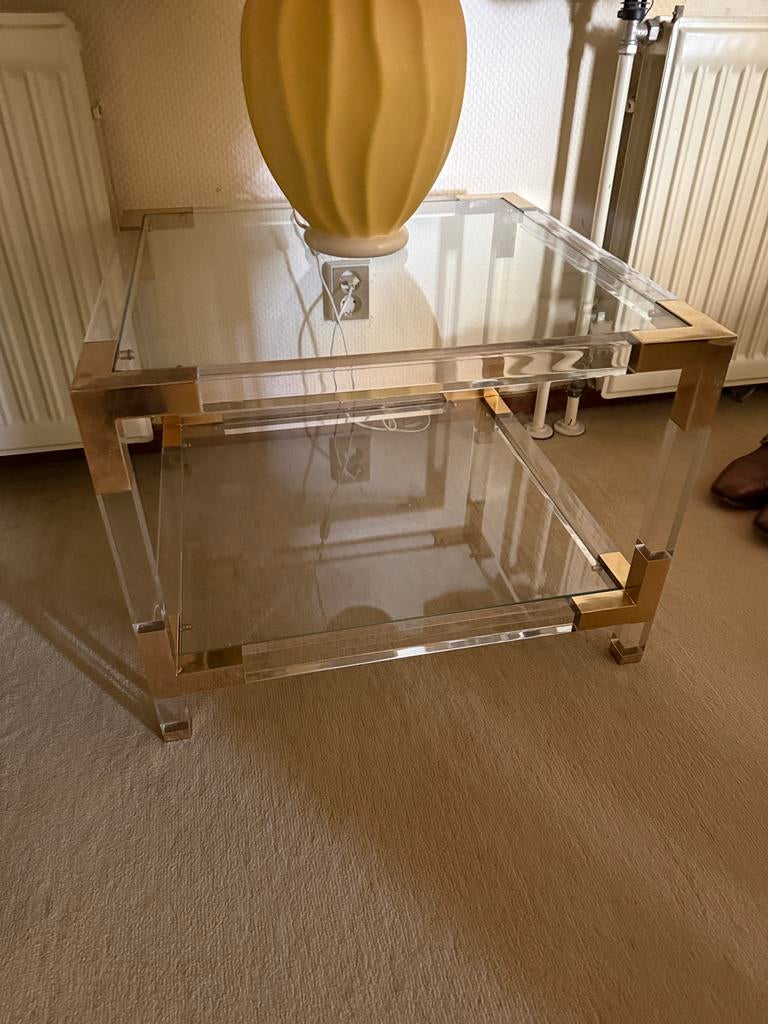 Plexiglas/ glazen tafel met goudkleurige hoeken, Huis en Inrichting, Ophalen, 50 tot 100 cm, 50 tot 75 cm, Vierkant