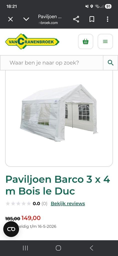 Partytent van Cranenbroek 3x4 nieuwstaat, Tuin en Terras, Ophalen, Nieuw, Minder dan 5 meter