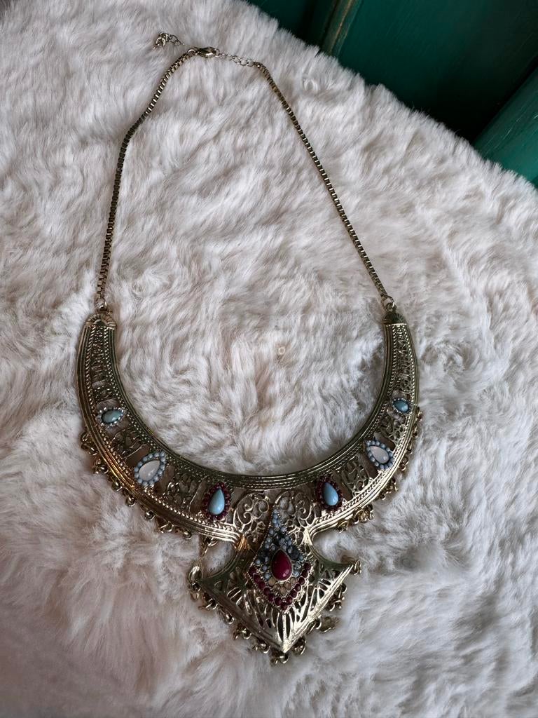 Vintage Etnische Statement Ketting met Rode en Turkooizen St, Ophalen of Verzenden, Zo goed als nieuw, Goud, Overige materialen