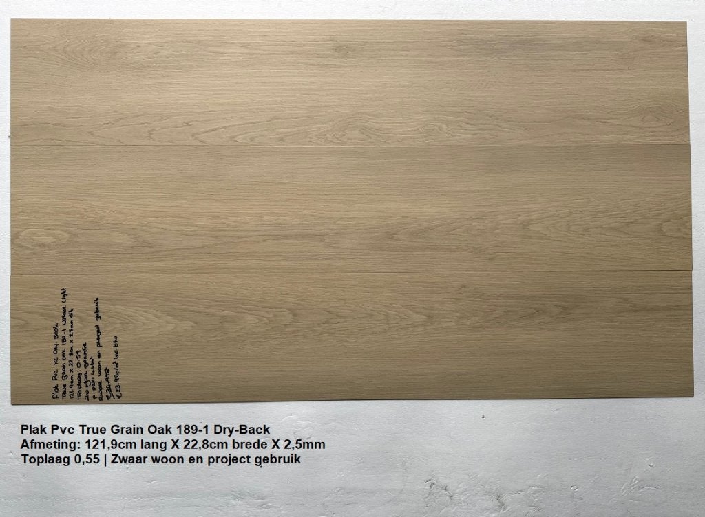 Plak Pvc True Grain Oak 189-1 Natuur eik 2,5mm 0,55 €17,95m2, 75 m² of meer, Nieuw, Ophalen of Verzenden, Plak Pvc light natuur eiken Dry-Back
