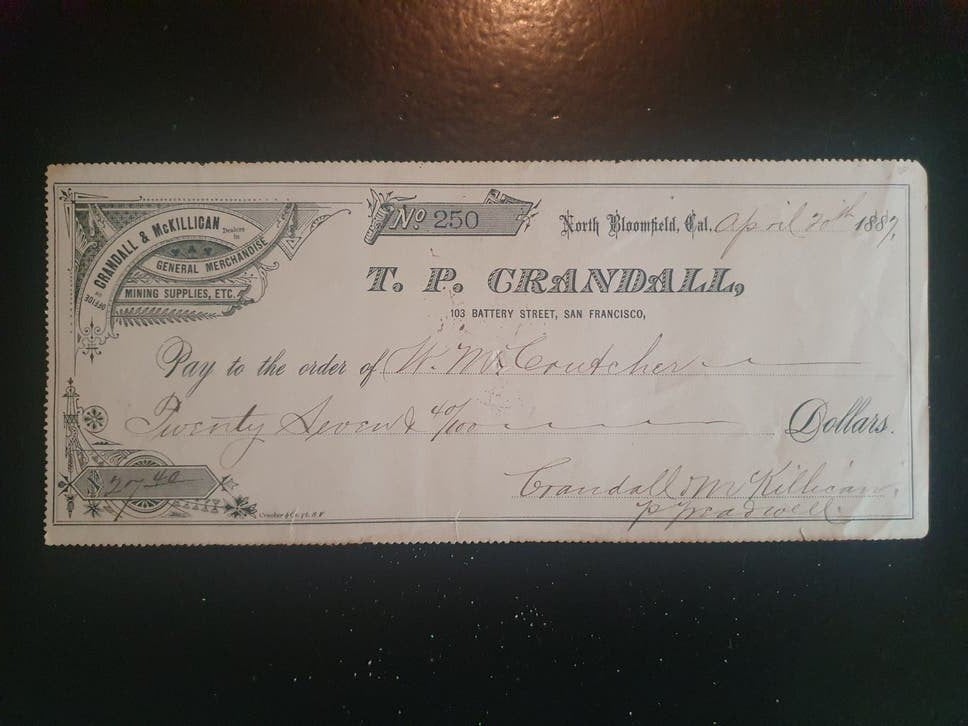 Antieke Cheque 1887 - Mijnstreek Californië, Ophalen of Verzenden