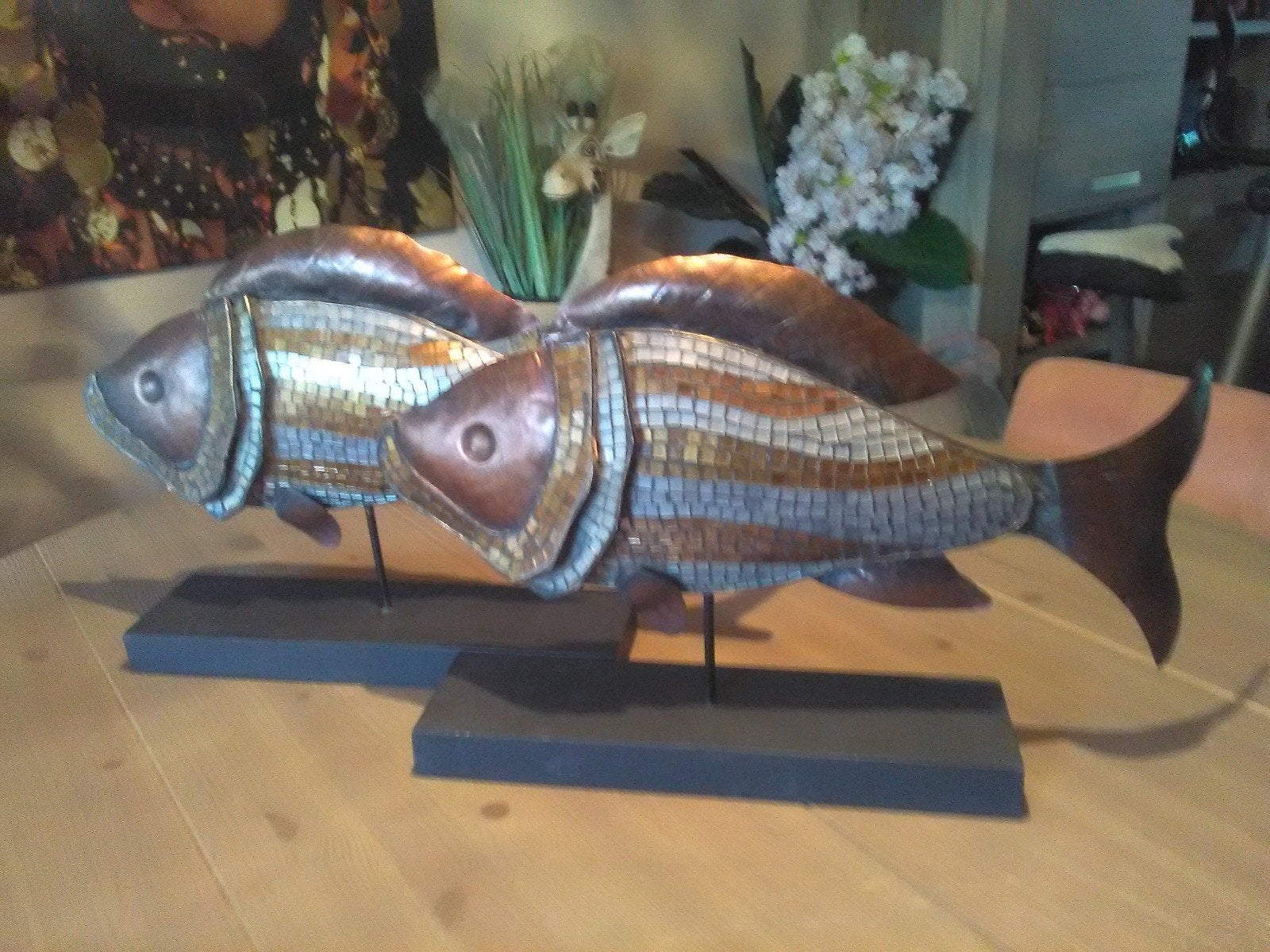 Twee mooie decoratieve vissen, metaal en mozaïek,br 51cmhg31, Ophalen of Verzenden