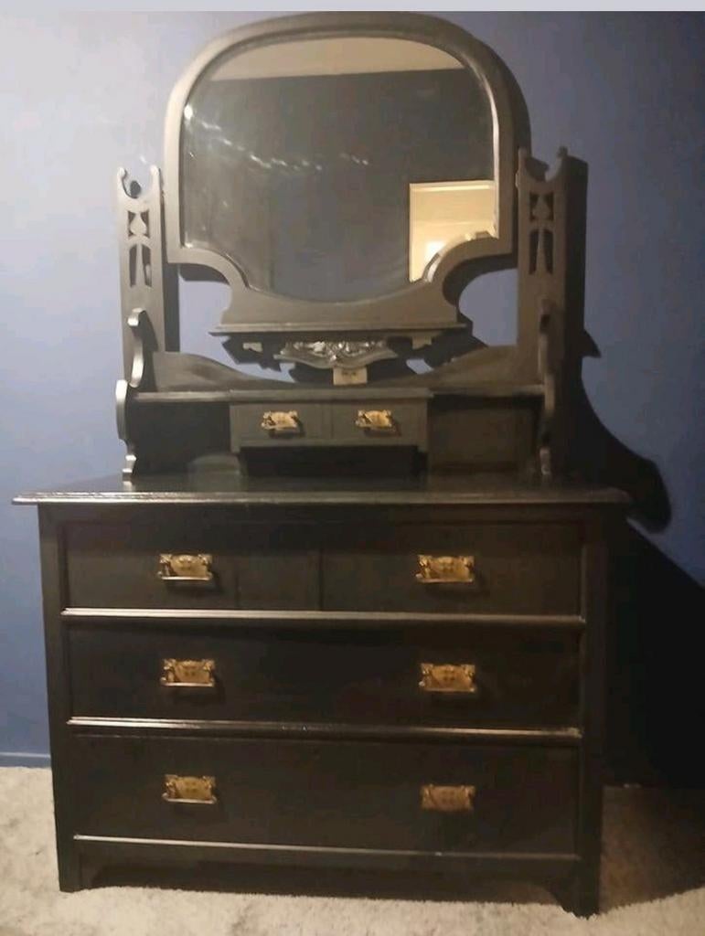 Zwarte brocante kast met spiegel en 3 laden, Ophalen