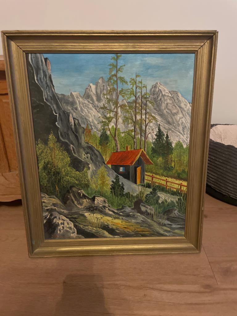 Ingelijst Schilderij: Berglandschap met Huisje 48x58, Antiek en Kunst, Ophalen of Verzenden