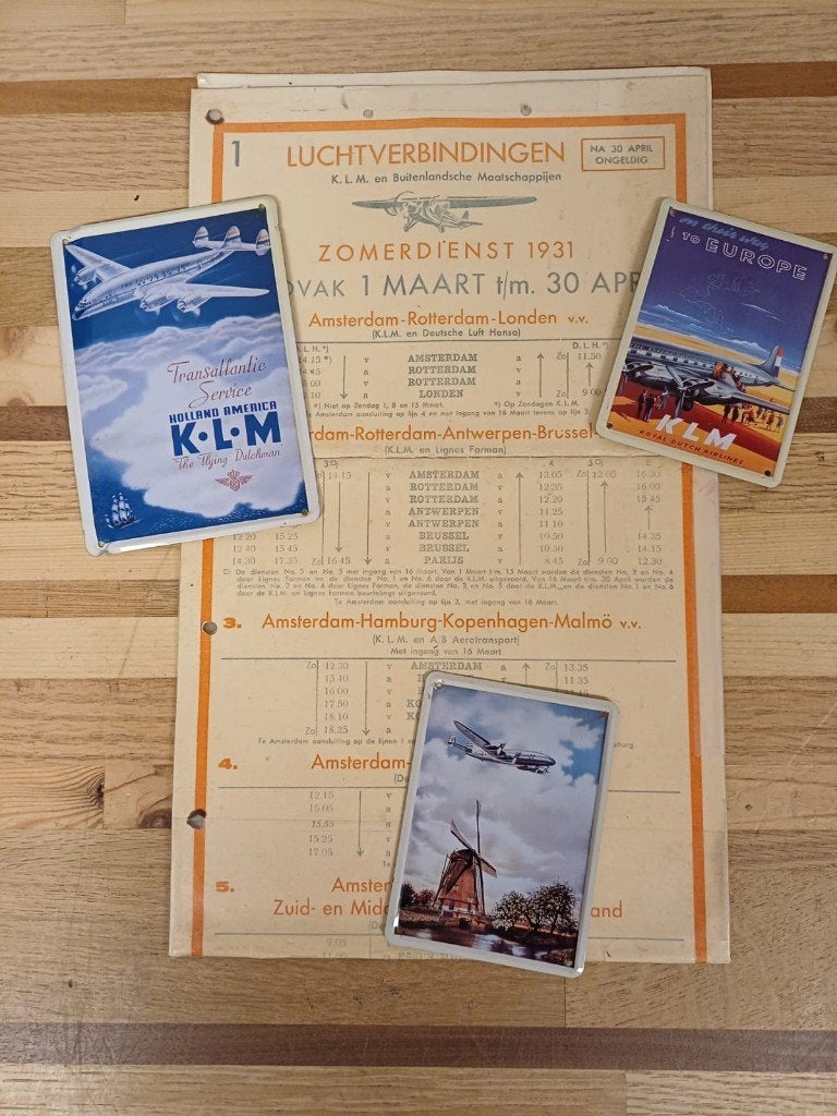 Luchtverbindingen zomerdienst 1931 & 3 emaille bordjes, Ophalen of Verzenden, Gebruikt, Overige typen