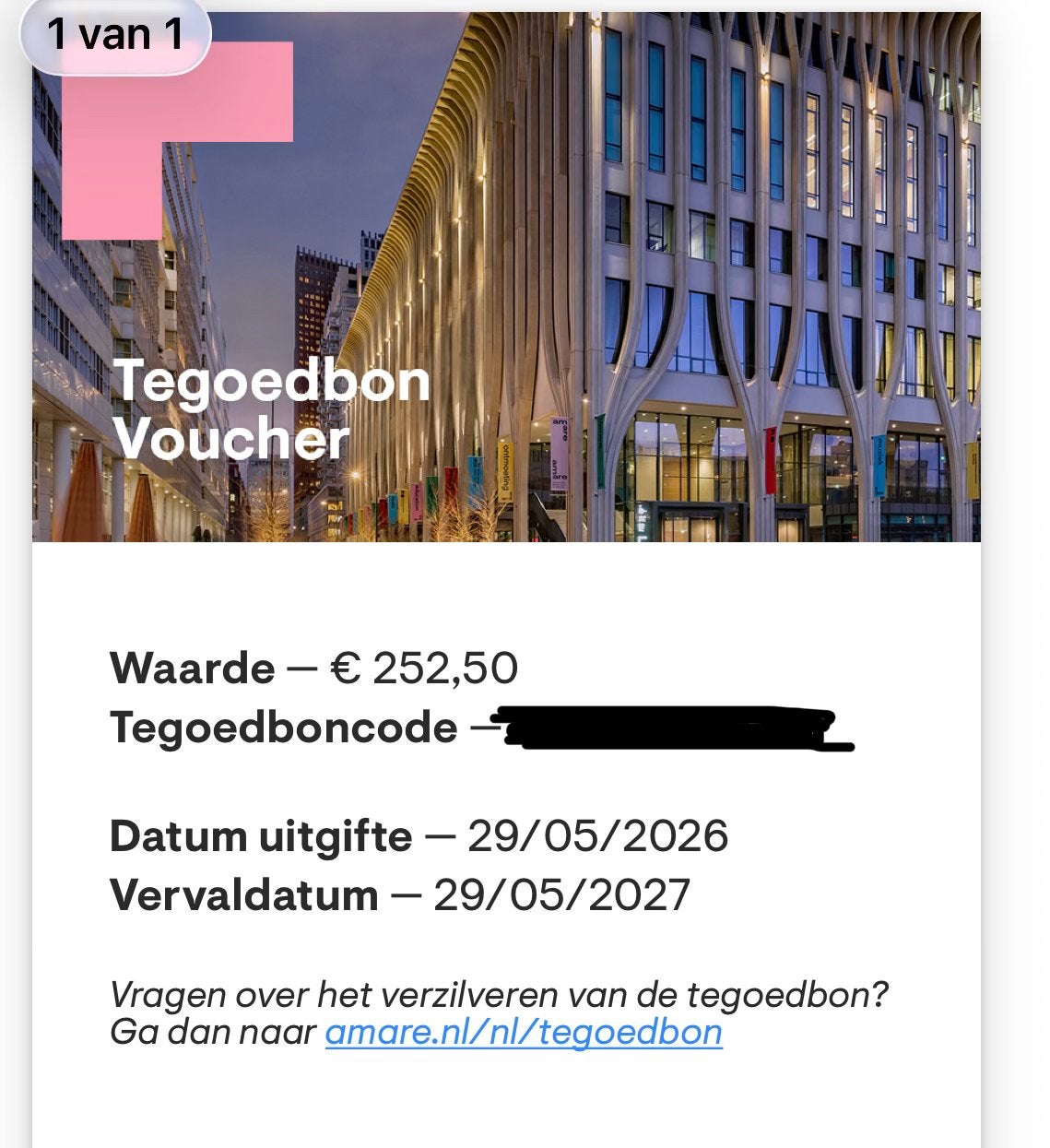 Tegoedbon twv €252,50 voor cultuurcentrum Amare in Den Haag, Tickets en Kaartjes, Eén persoon