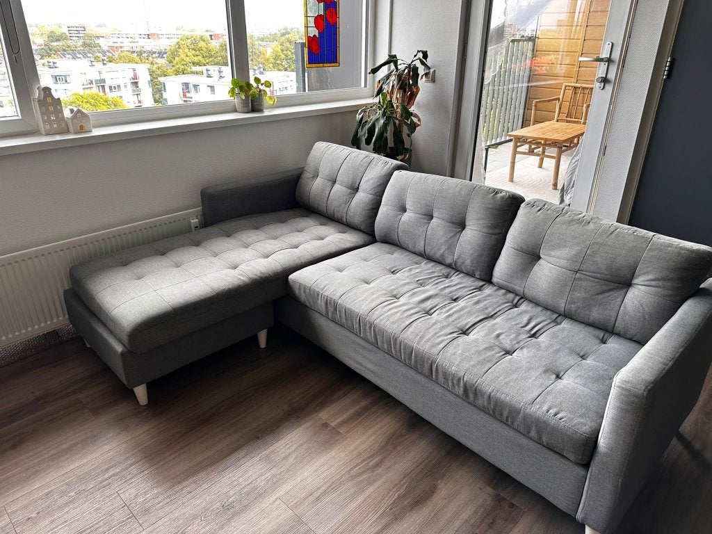 Grijze bank chaise longue + fauteuil, Ophalen, Gebruikt, Driepersoons, 75 tot 100 cm