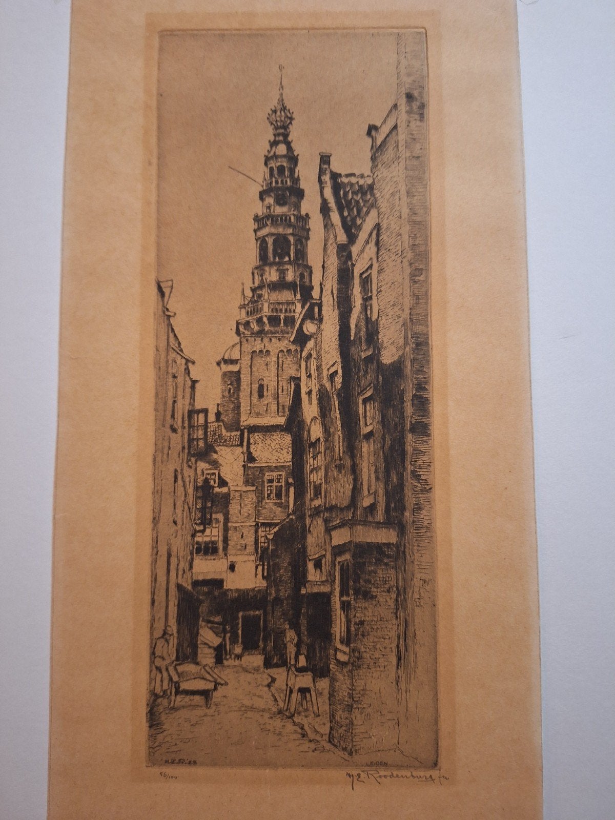 Ets 'Straatje' door Hendrik Roodenburg, Ets, Stadsgezicht, Ophalen of Verzenden, Origineel