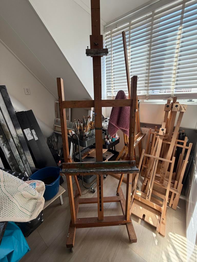 Grote Houten schildersezel op wielen, Hobby en Vrije tijd, Schilderen, Ophalen, Gebruikt, Ezel