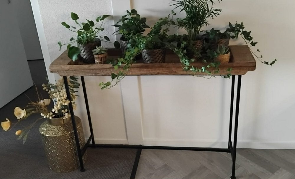Vintage houten console tafel, plantentafel, sidetable., Ophalen, ., Landelijk, rustiek, brocante, vintage, Zo goed als nieuw