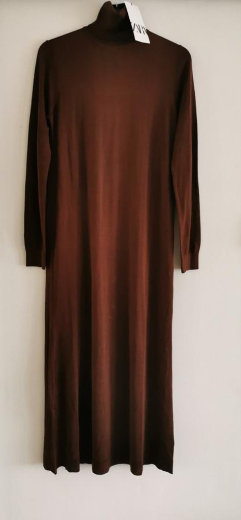 ZARA lange tricot jurk met col mt. S, Bruin, Verzenden, Zara, Nieuw