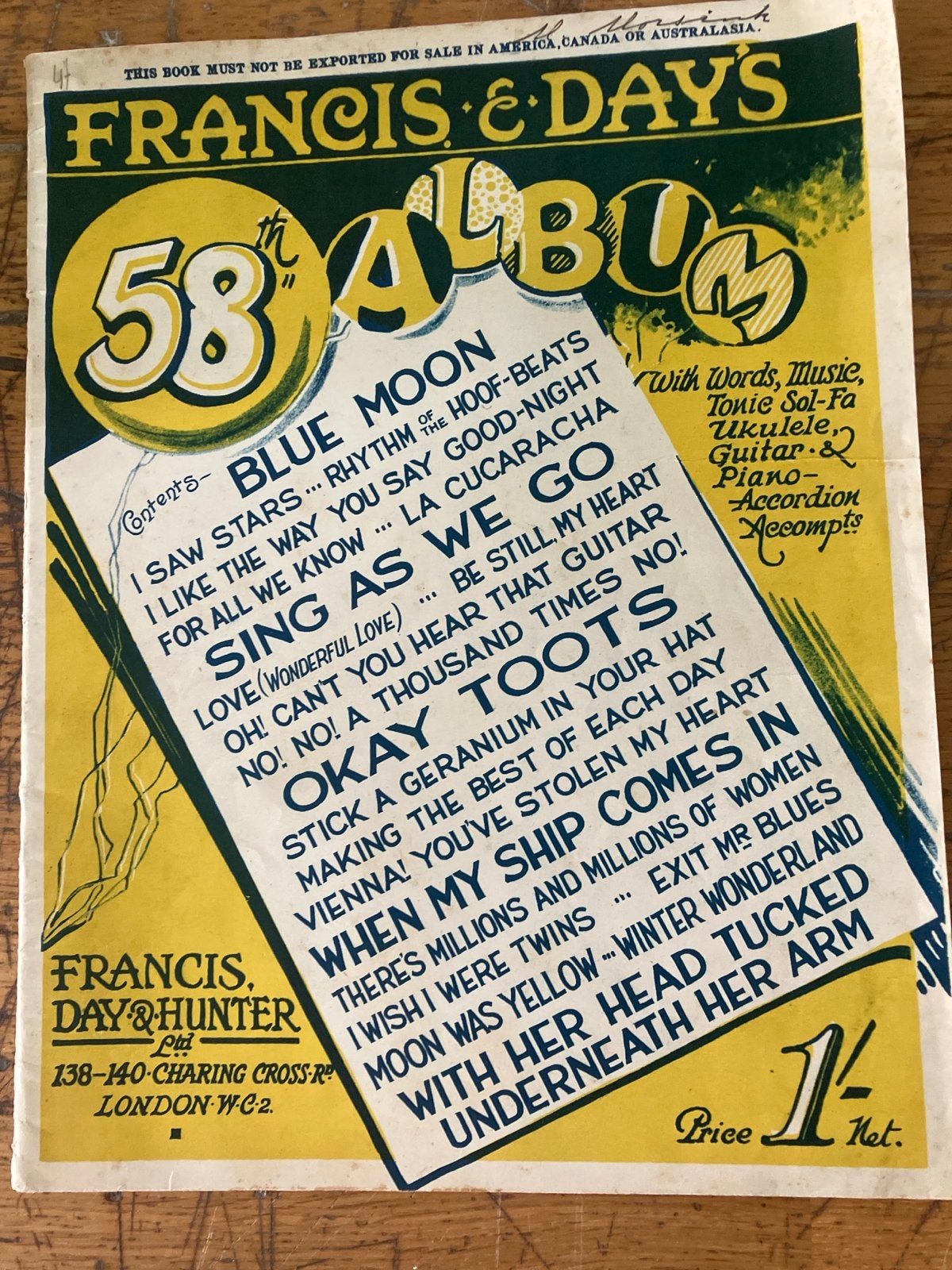 Francis & Day's 58th Album - Vintage Muziekboek, Muziek en Instrumenten, Ophalen of Verzenden, Thema, Populair, Gitaar