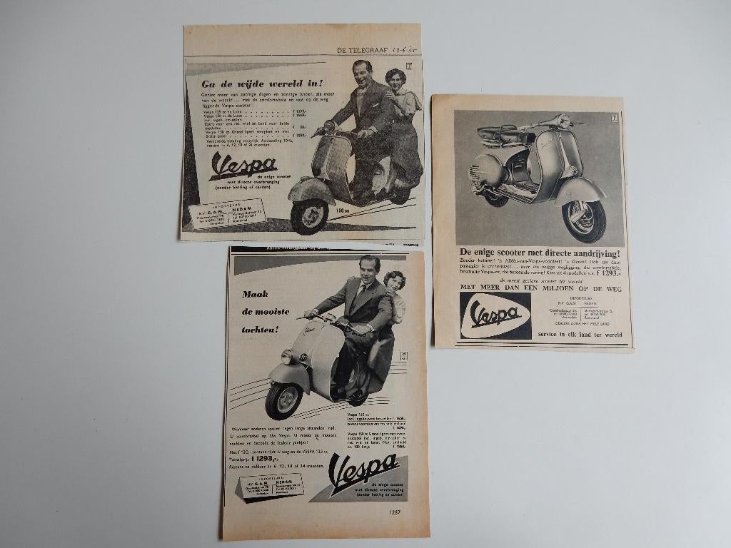 3 x Vespa scooter reclame uit tijdschriften en krant., Ophalen of Verzenden, 1940 tot 1960, Nederland, Knipsel(s)