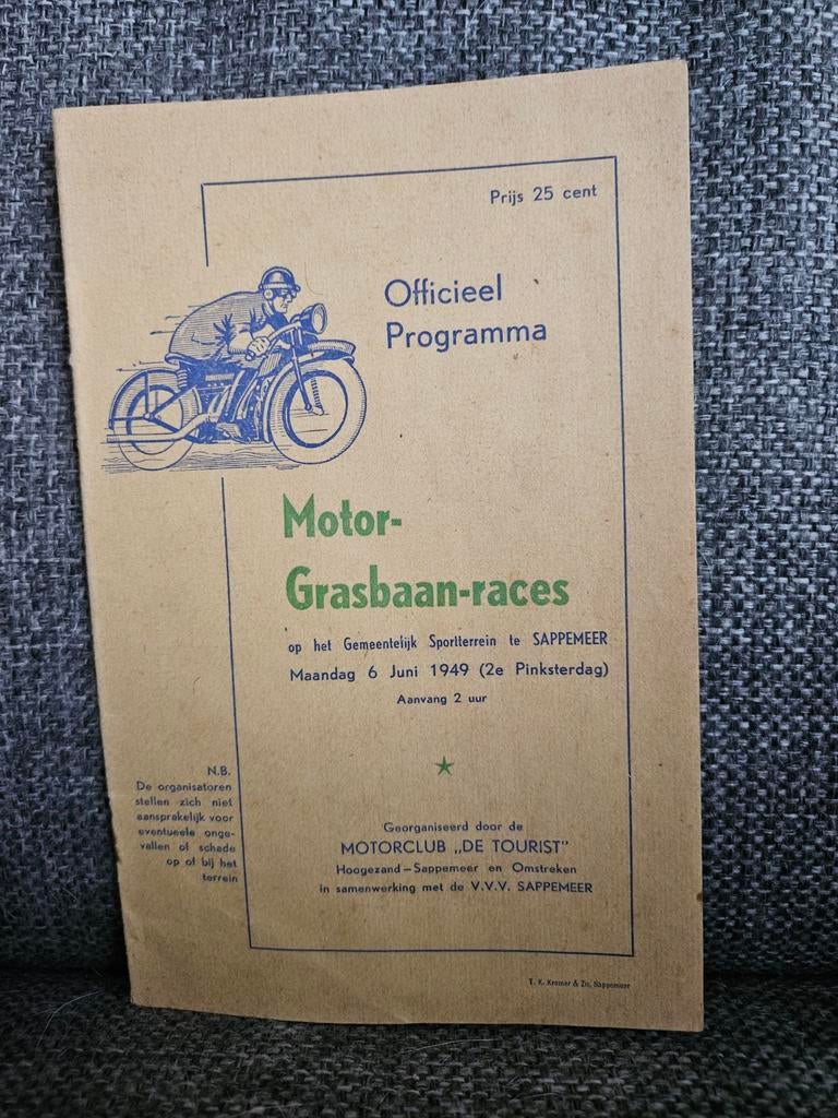 Officieel Programma Motor-Grasbaanraces Sappemeer 1949, Verzenden, Gebruikt, Motoren
