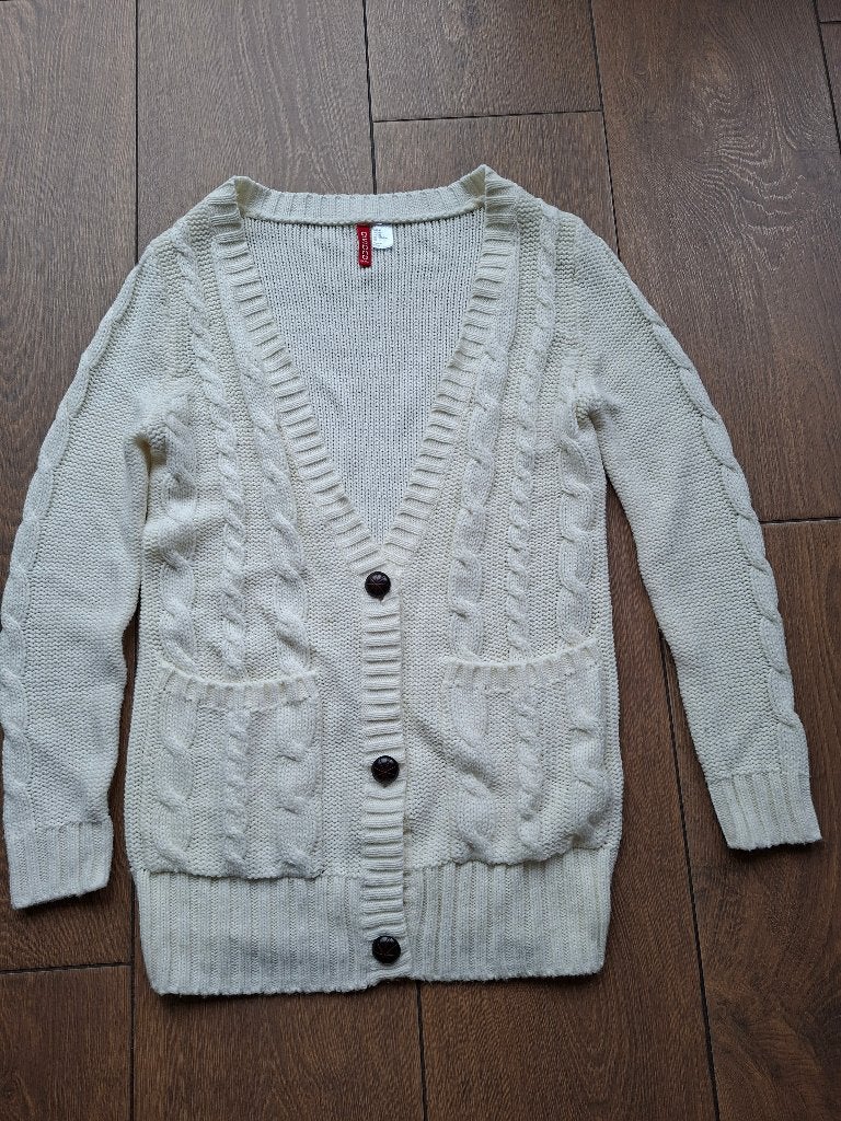 lang vest. Divides. Mt 42. Ecru. 2 zakken. Kabel gebreid., H&M, Beige, Maat 42/44 (L), Ophalen of Verzenden