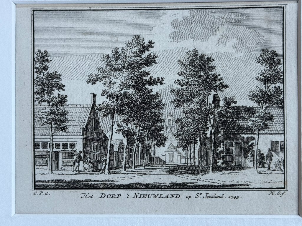 1745 - Het Dorp 't Nieuwland op St Joosland - P0850-18, Ophalen of Verzenden, Ets, 1700 - 1799