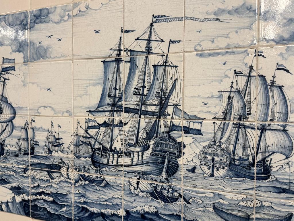 Reproductie tegeltableau walvisjacht voc schepen 91x52cm., Antiek en Kunst, Ophalen