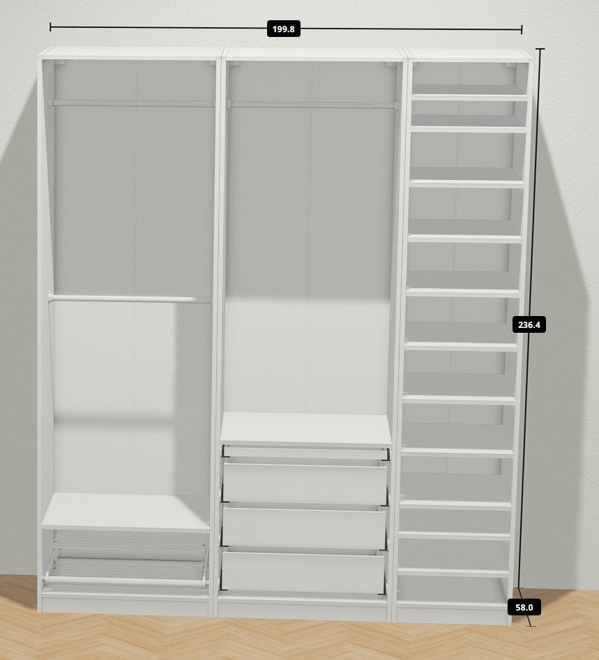 IKEA PAX Kledingkast wit – 200x58x236 cm, Ophalen, 50 tot 75 cm, 200 cm of meer